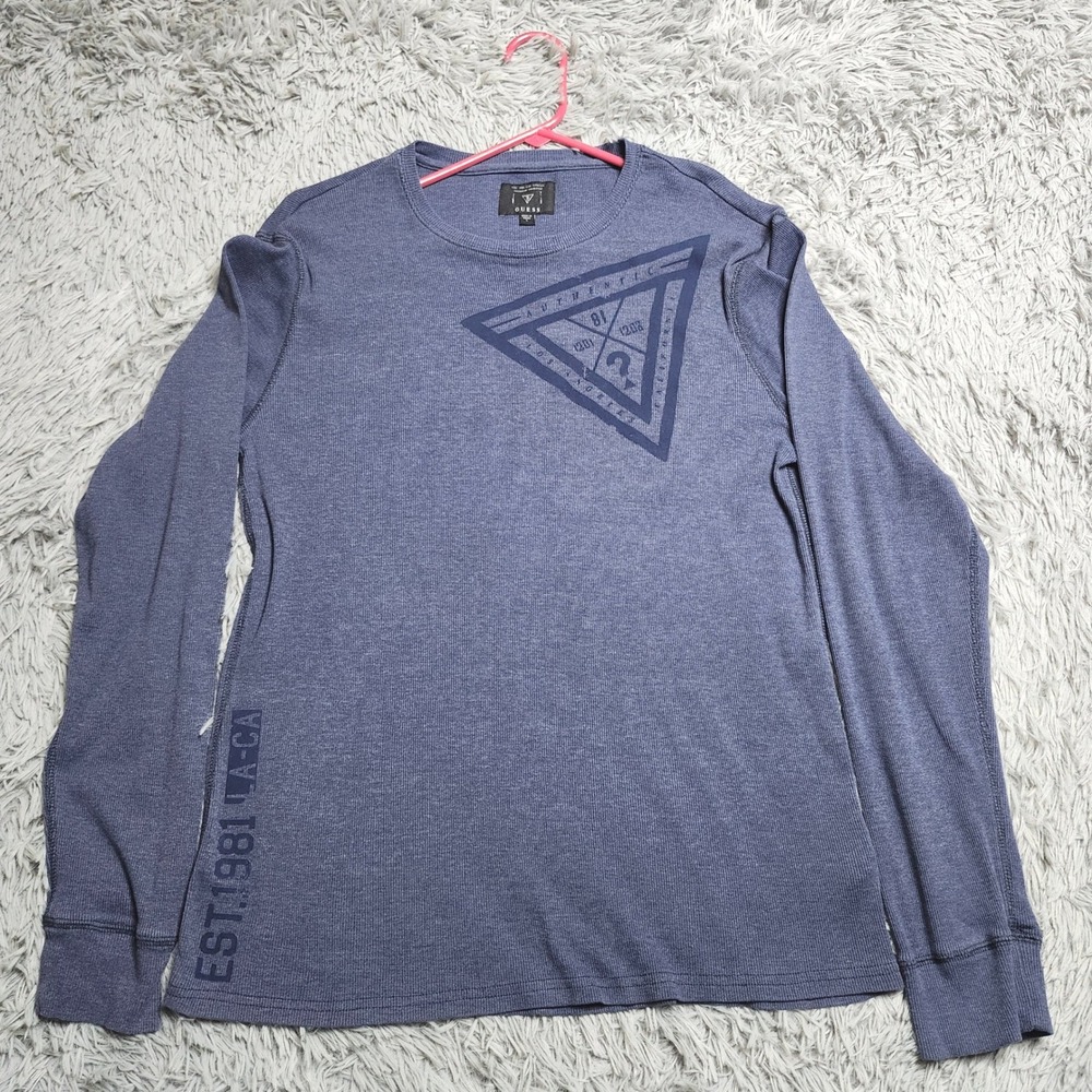 Guess TShirt Mens Size Large Blue Waffle Knit Long Sleeve Thermal Graphic Tee